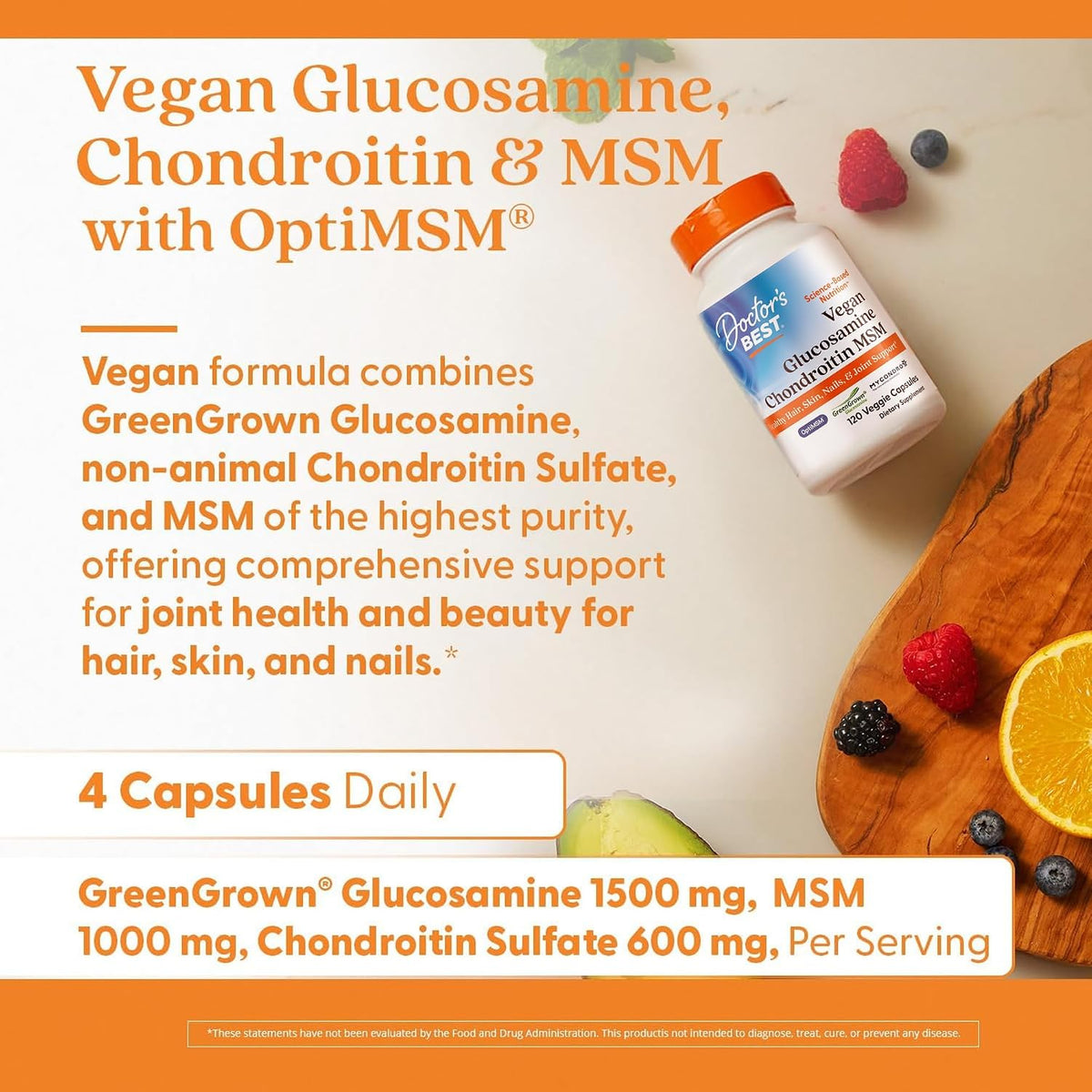 Doctor's Best Vegan Glucosamine Chondroitin MSM, bottle packaging, no flavour, 120 veggie capsules, daily use instructions