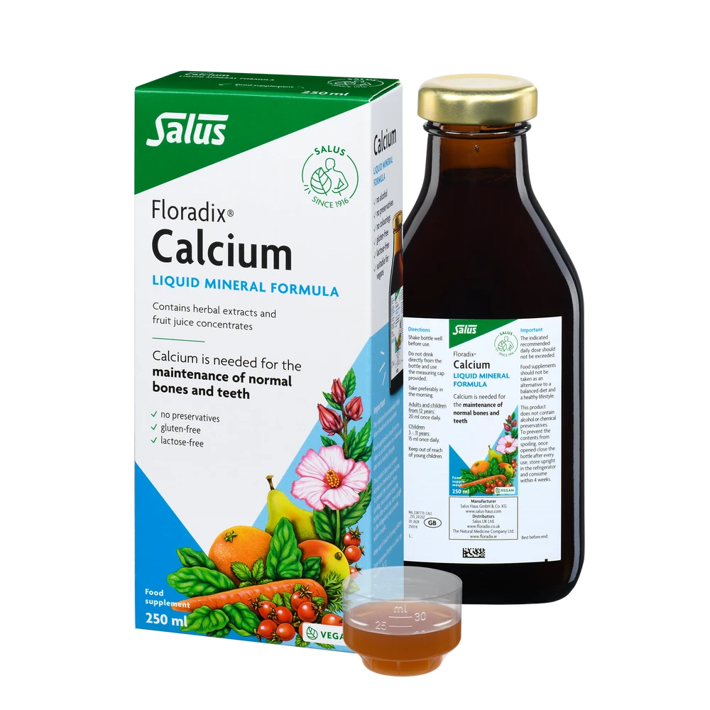 Floradix Calcium Liquid Supplement bottle & box, 250ml, vegan.