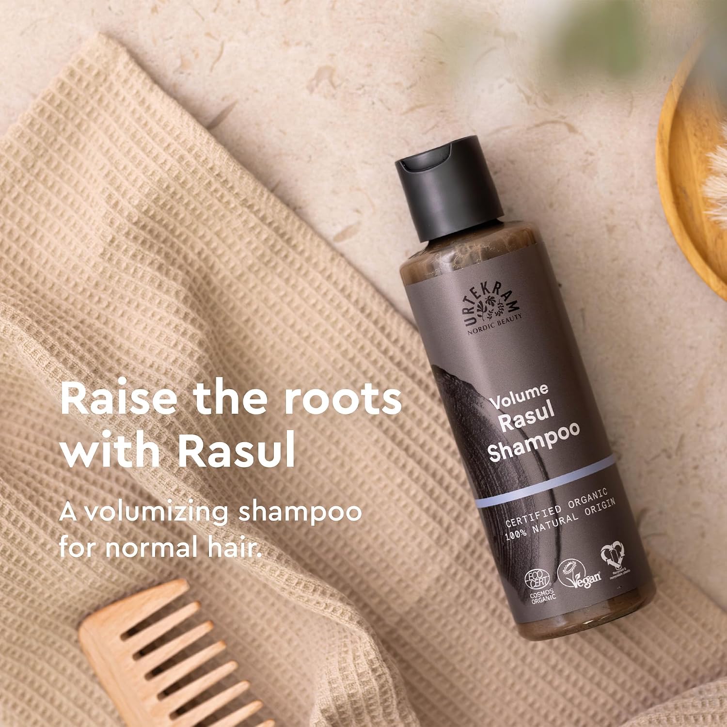Urtekram Volume Rasul Shampoo, shampoo bottle packaging, fresh peppermint fragrance, 250ml, product information