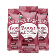 Four Sigmatic Organic High Caf Ground Coffee Dark Roast 340g, 3 pouches front packaging on white background