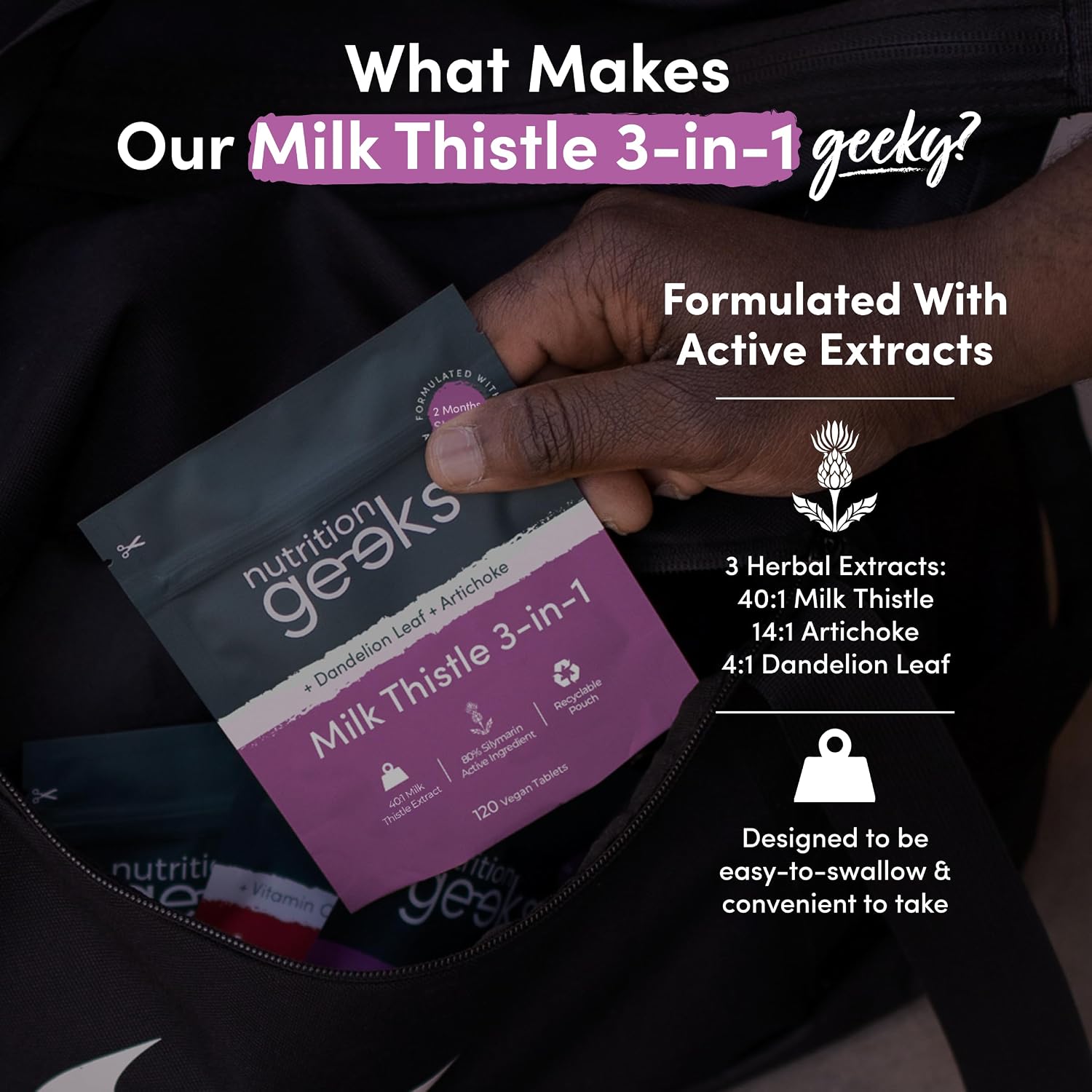 Nutrition Geeks Milk Thistle 3-in-1, vegan food supplement tablet packaging, no flavour, 120 tablets, daily supplement use