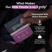 Nutrition Geeks Milk Thistle 3-in-1, vegan food supplement tablet packaging, no flavour, 120 tablets, daily supplement use