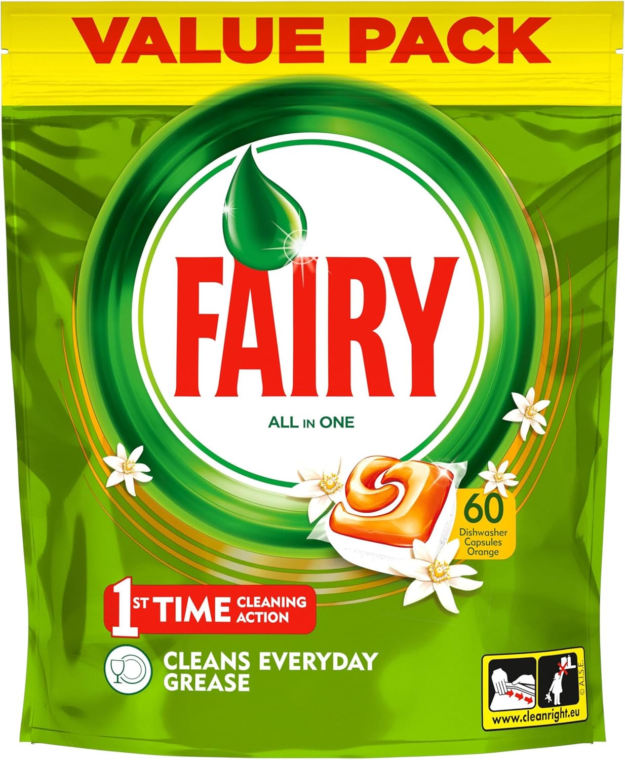 Fairy All In One Orange Dishwasher Capsules 60 Count pouch