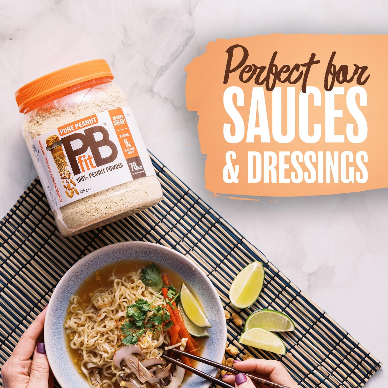 Lifestyle/use image: PBfit Pure Peanut Powder smoothie baking peanut flour use 680g tub