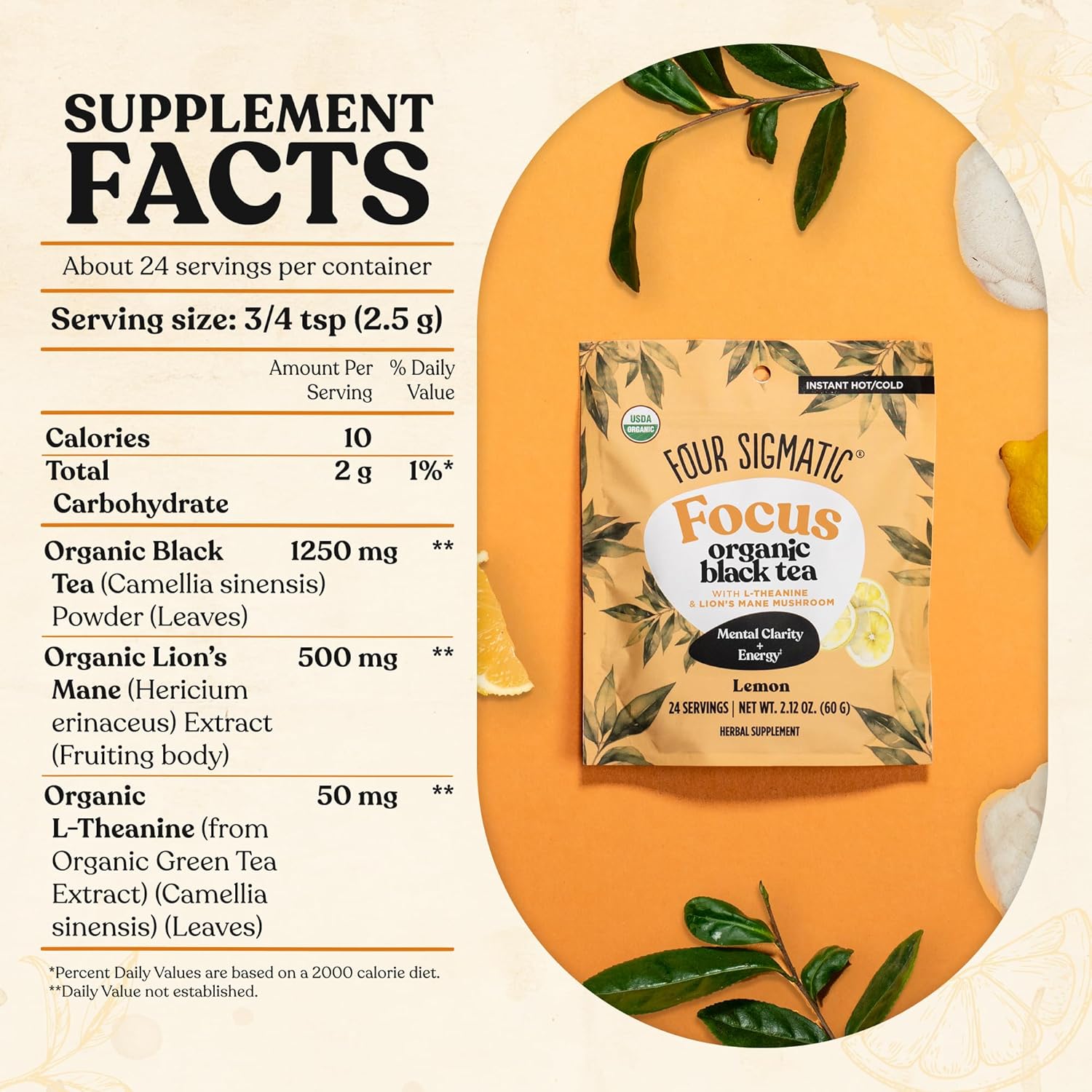 Supplement facts, ingredient list and nutritional info on back of tea bag.