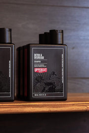 Lifestyle/use image: Uppercut Deluxe Detox and Degrease Shampoo 240ml men hair care routine