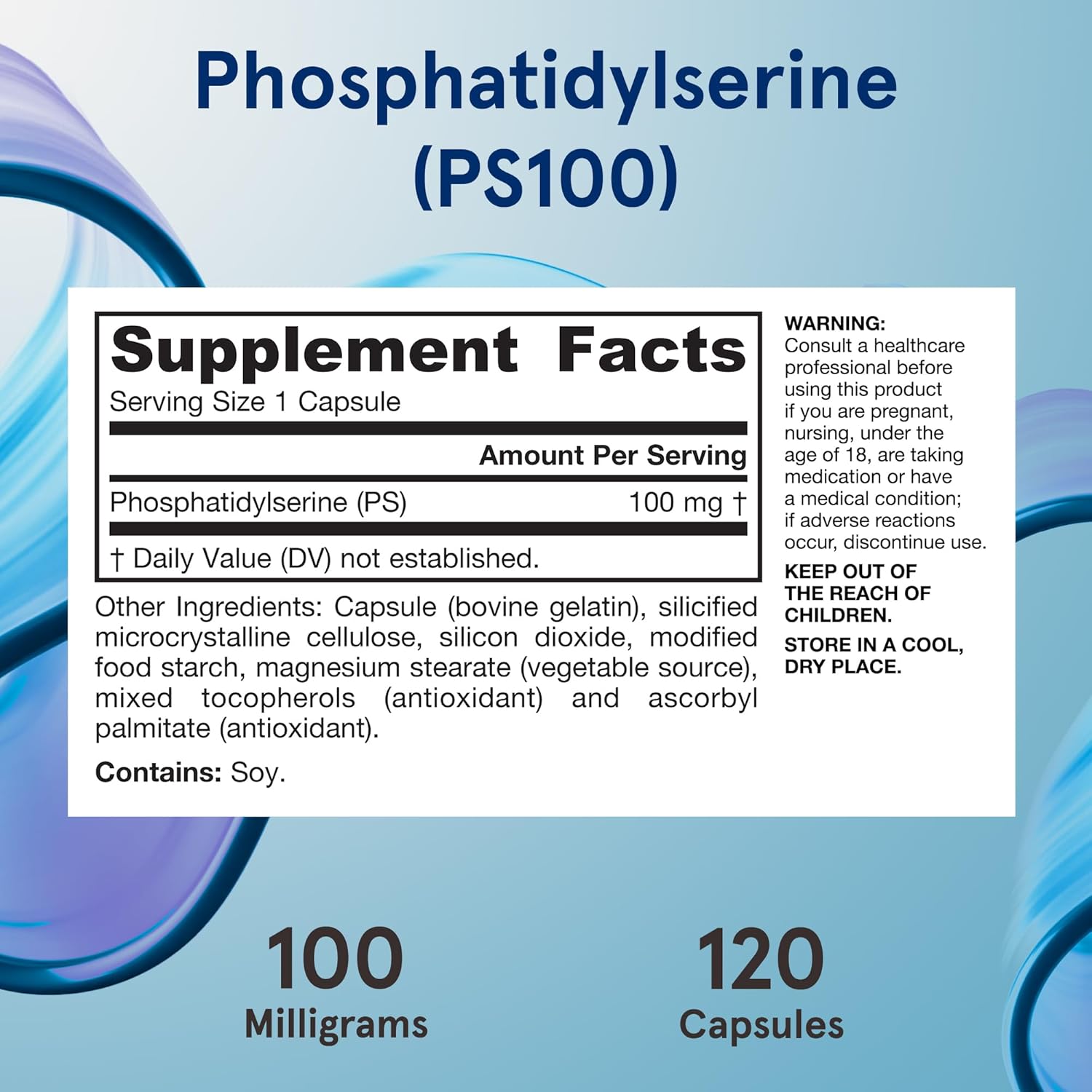 Supplement Facts Image: Jarrow Formulas PS100 phosphatidylserine 100mg supplement facts and ingredients 120 count