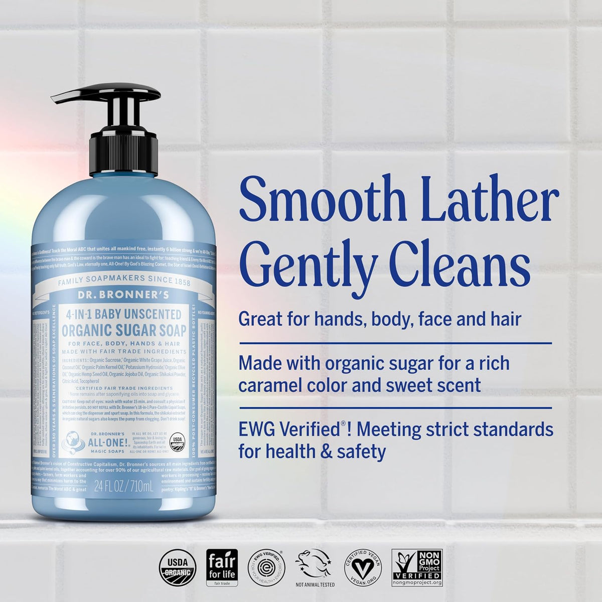 Dr. Bronner's Baby Unscented 4-in-1 Organic Sugar Pump Soap 710ml pump bottle for hands face body and hair