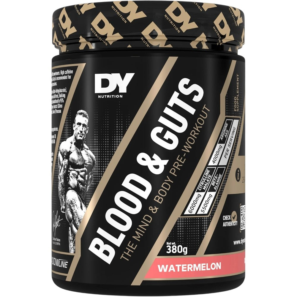 DY Nutrition Blood & Guts Watermelon Pre-Workout Powder 380g tub front packaging