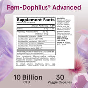 Supplement facts & ingredients image: Jarrow Fem Dophilus probiotic strains supplement facts capsules 30 count
