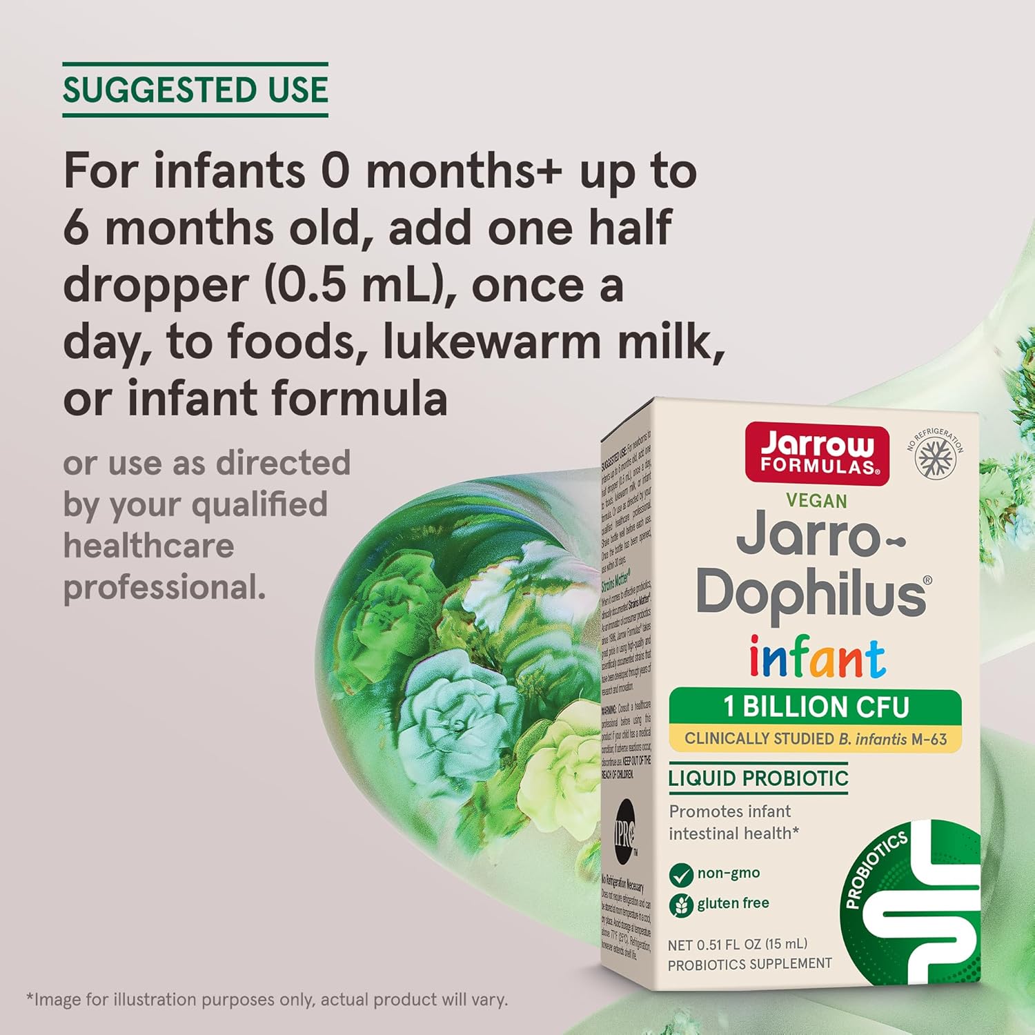 How to Use Image: Jarrow Formulas Jarro-Dophilus Infant probiotic liquid usage instructions 15ml 1 billion CFU