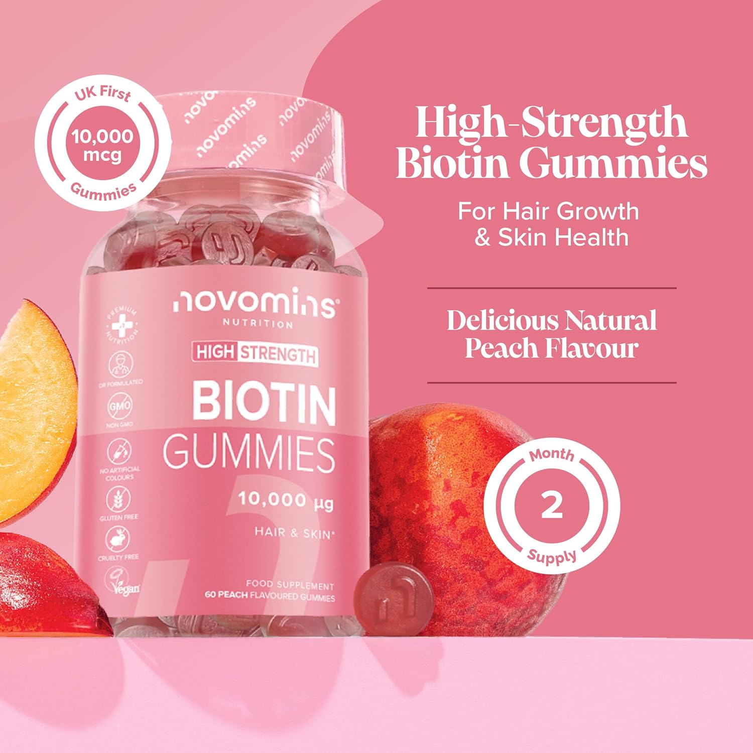 Novomins Biotin Gummies 10000mcg Peach 60 Count natural peach flavour 2 per day gummies