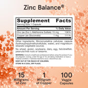 Jarrow Formulas Zinc Balance 15mg with copper supplement facts ingredients veggie capsules 100 count