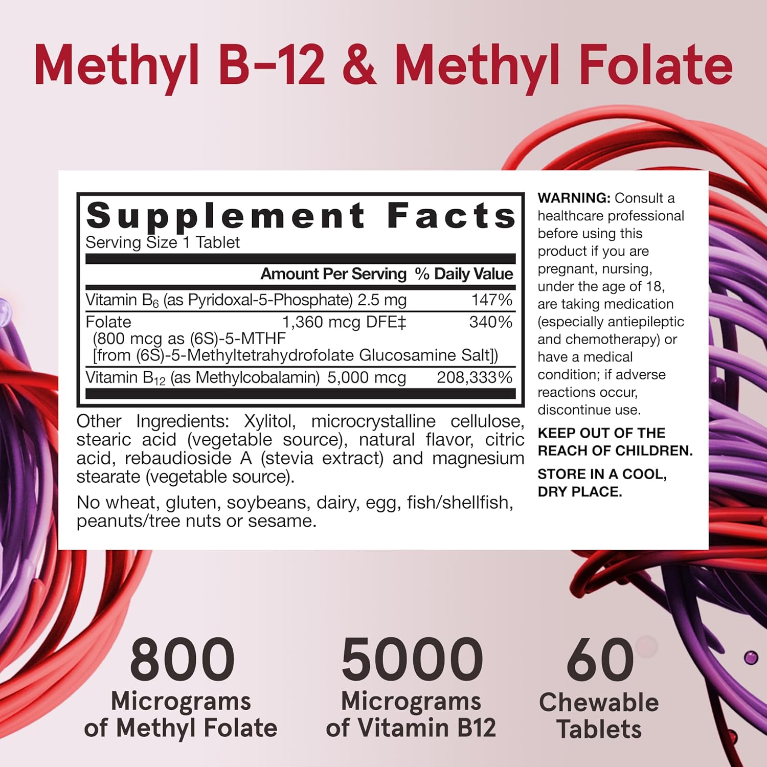 Supplement Facts Image: Jarrow Formulas methyl b12 5000mcg methyl folate 800mcg supplement facts and ingredients 60 count