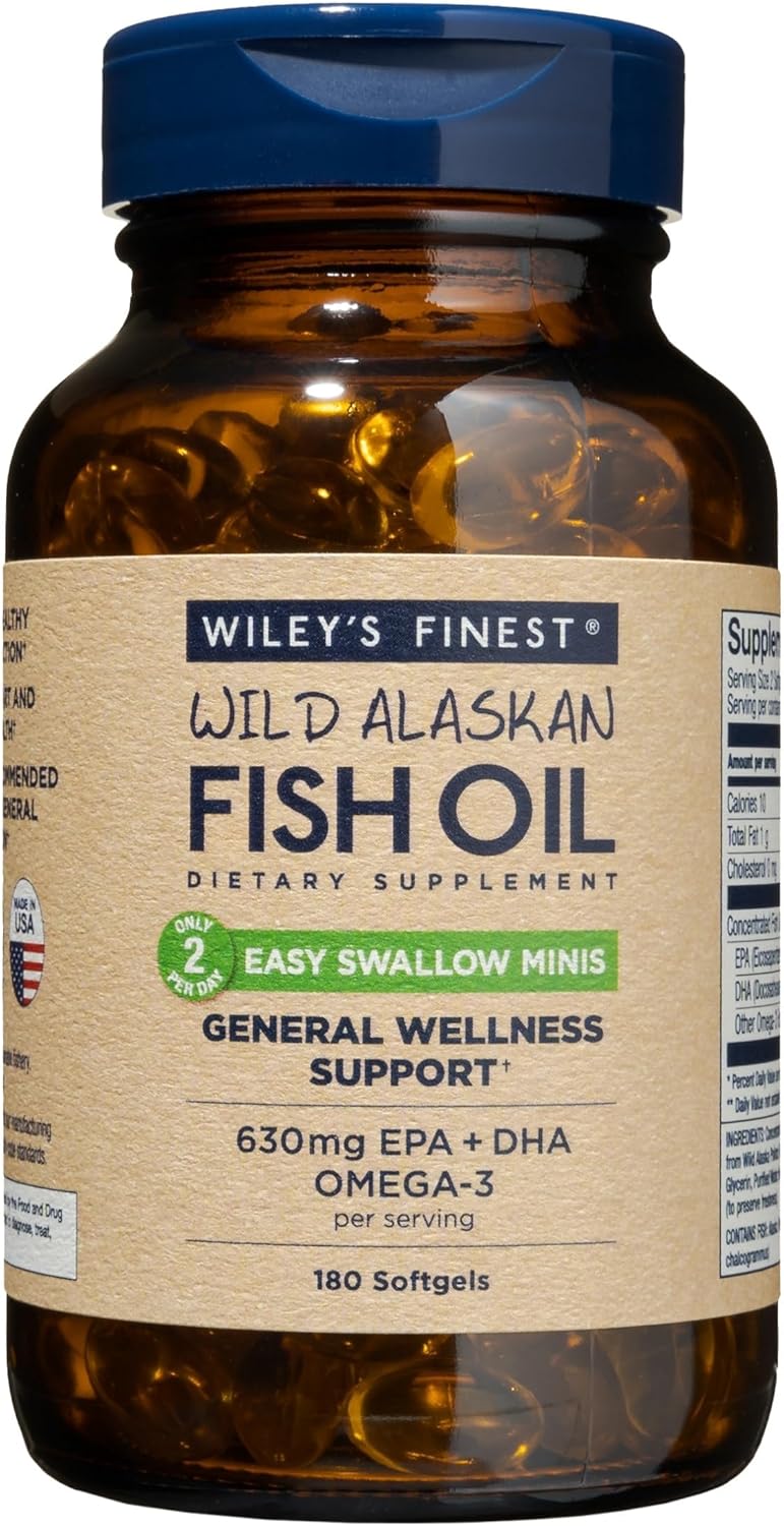 Front Image: Wiley's Finest Easy Swallow Minis fish oil omega-3 180 softgels bottle front