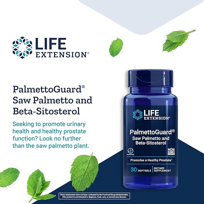 Life Extension PalmettoGuard Saw Palmetto supplement bottle, 30 softgels.