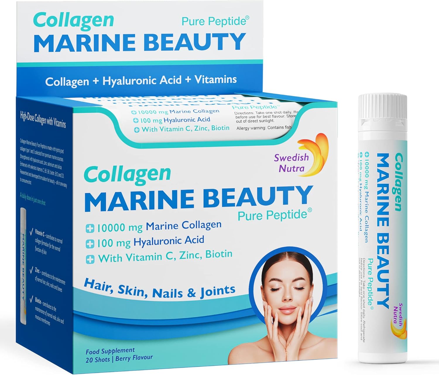 Front image: Swedish Nutra Marine Collagen Beauty Shots berry flavour 20 x 25ml pack