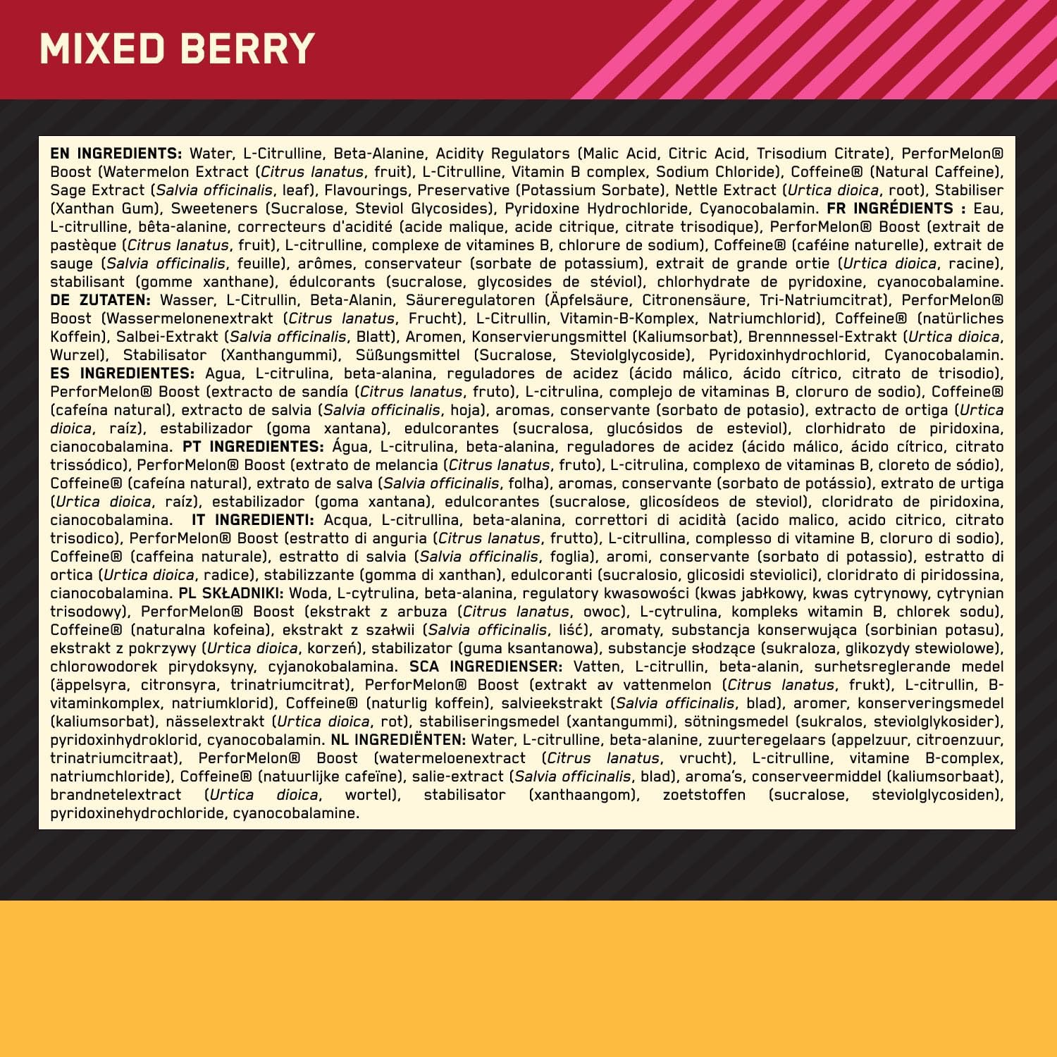 Optimum Nutrition energy shot supplement facts ingredients berry 12 pack
