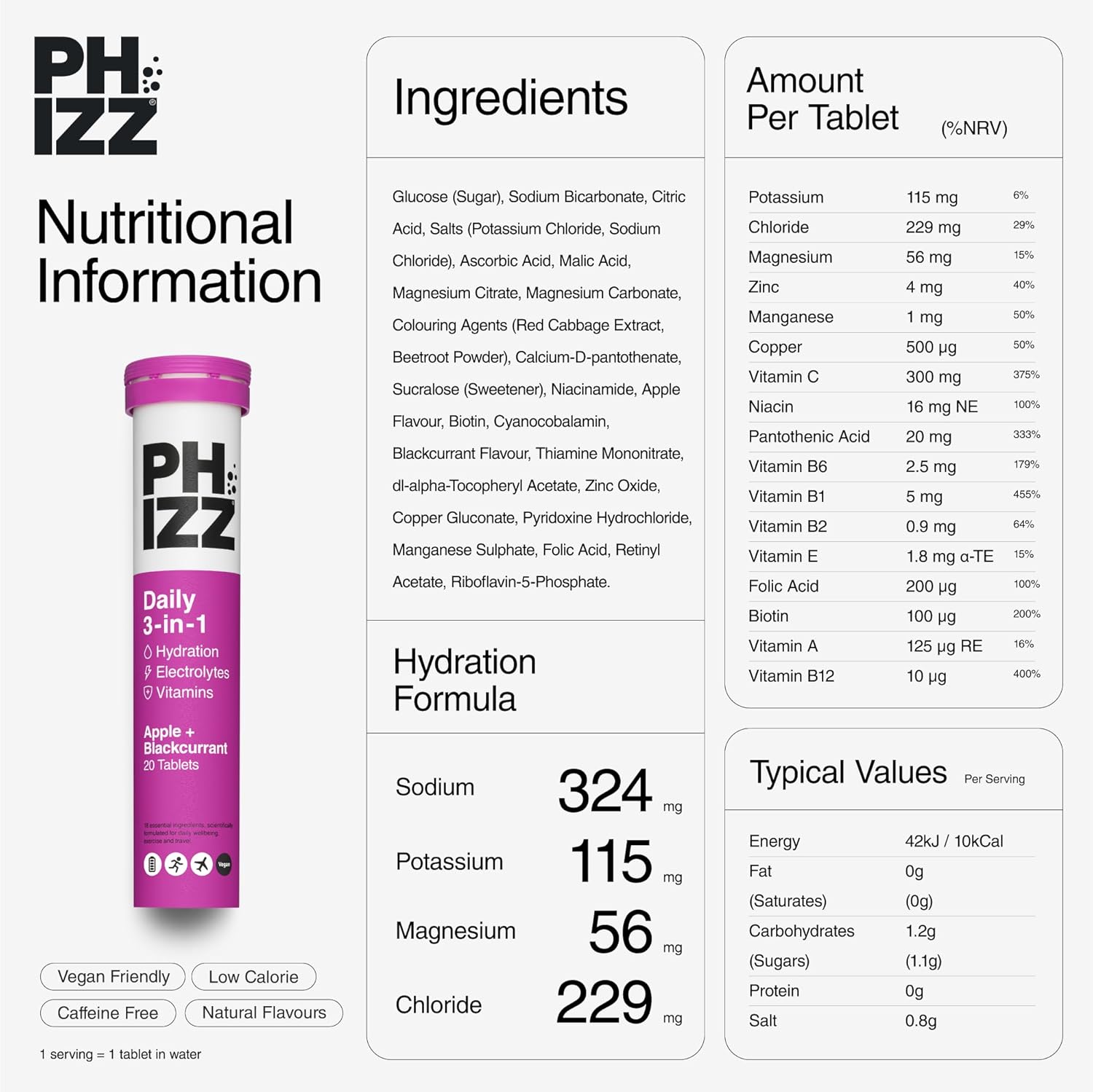 Phizz Daily apple+blackcurrant electrolyte multivitamin effervescent tablets nutrition panel variety pack 100 tablets