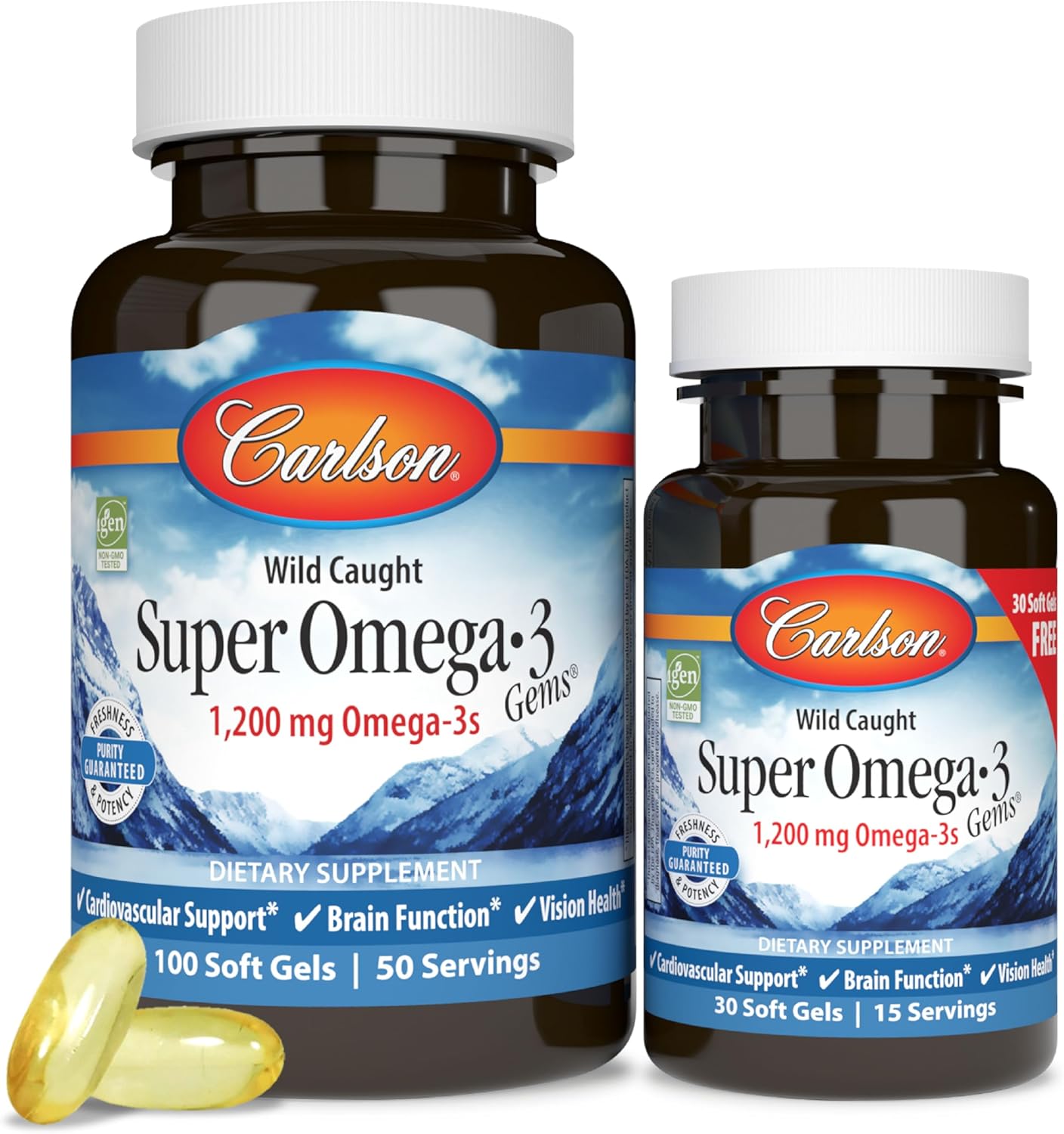 Front image: Carlson Super Omega 3 Gems 1200 mg softgels fish oil bottle 130 count