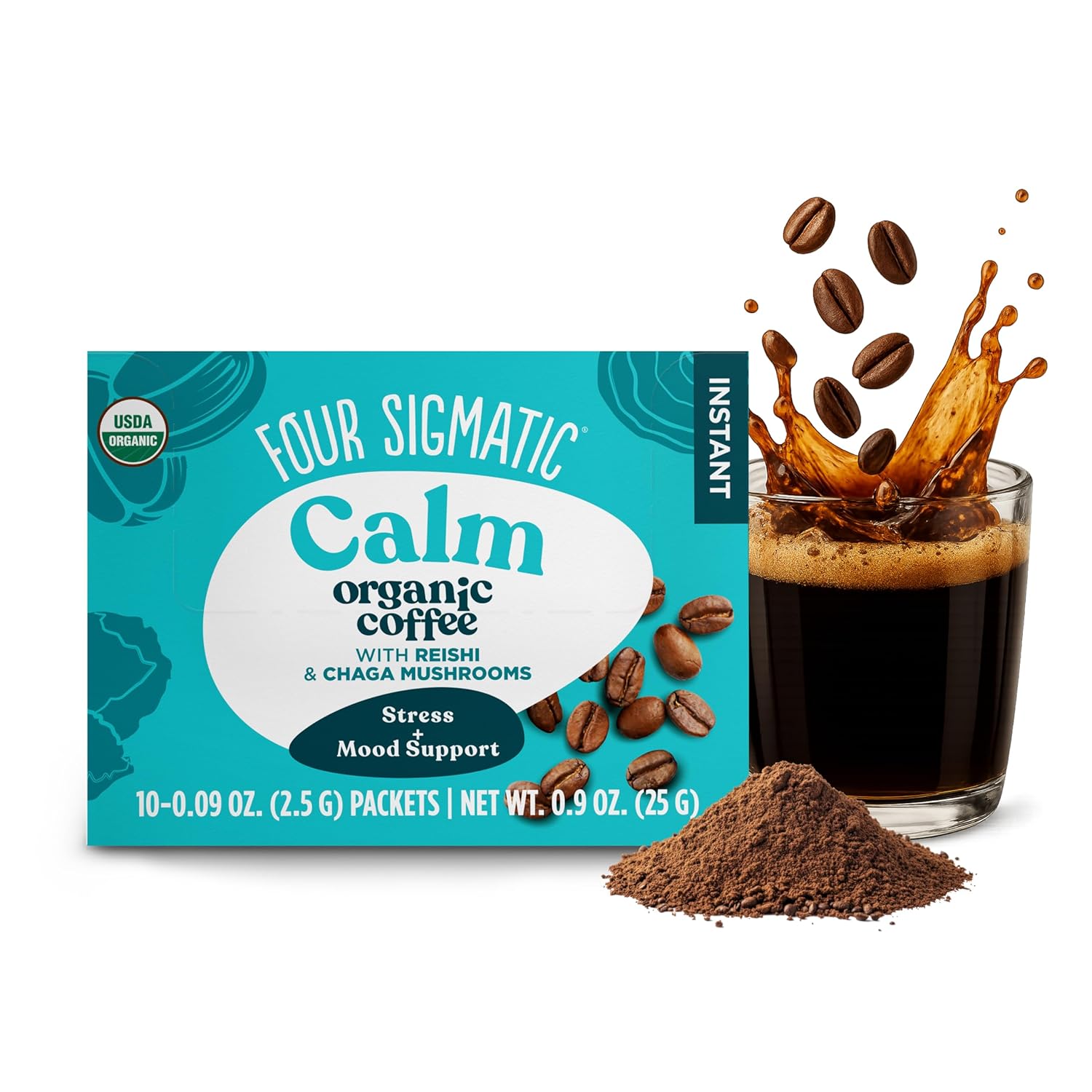 Four Sigmatic Organic Half Caf Instant Coffee 10 packets front packaging on white background