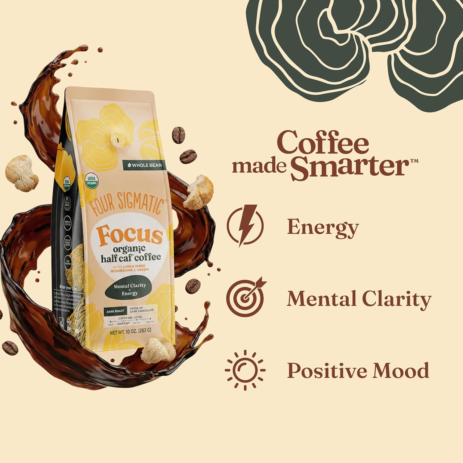 Four Sigmatic Organic Half Caffeine Coffee Whole Bean Dark Roast 283g