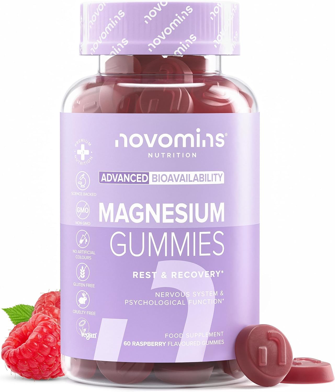 Novomins Magnesium Gummies 180mg Raspberry 60 Count bottle supplement front view