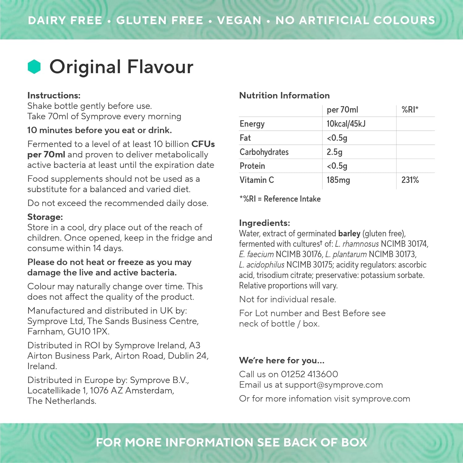 Symprove Liquid Probiotic Original Flavour 500ml nutritional info ingredients instructions panel