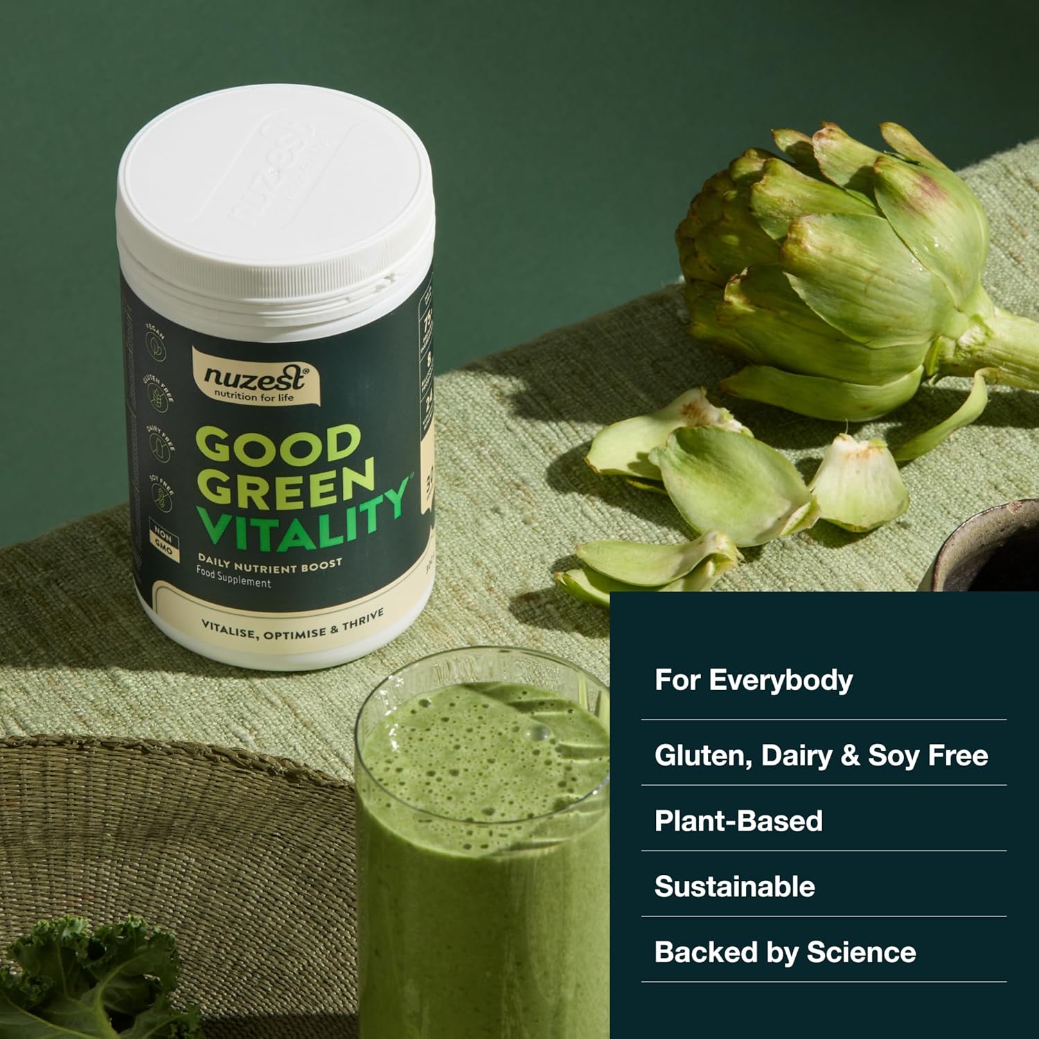 Mixed green Good Green Vitality drink in a glass 