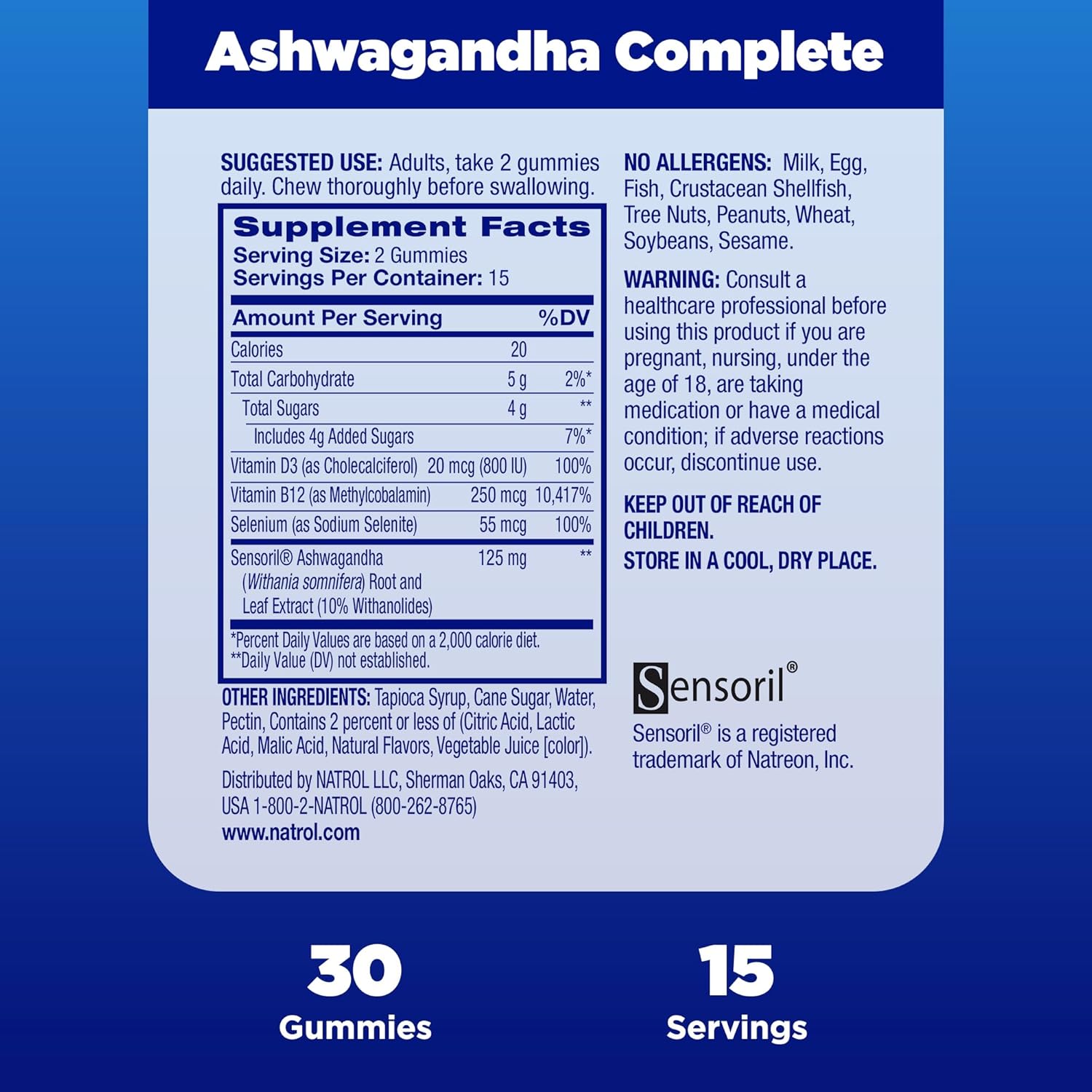 Natrol Ashwagandha Complete supplement facts label bottle 30 gummies