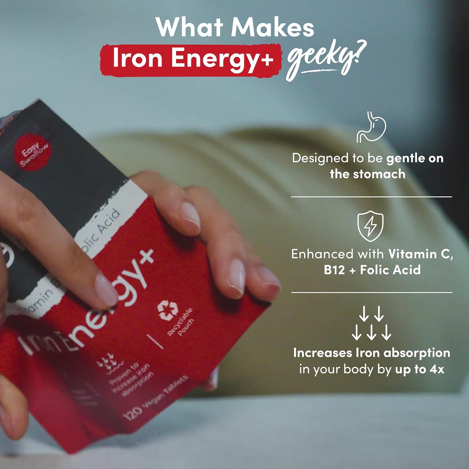 Nutrition Geeks Iron Energy+ 14mg, vegan food supplement tablet packaging, no flavour, 120 tablets, daily supplement use