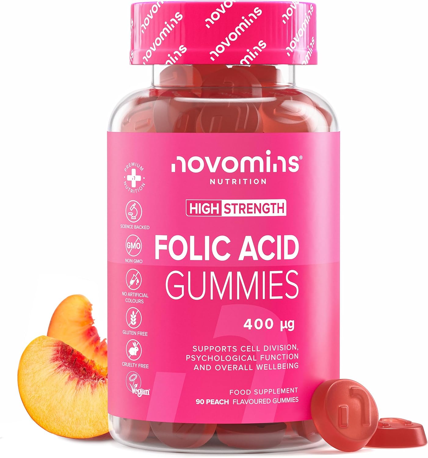 Novomins Folic Acid Gummies 400mcg Peach 90 Count bottle supplement front view