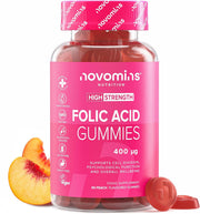 Novomins Folic Acid Gummies 400mcg Peach 90 Count bottle supplement front view