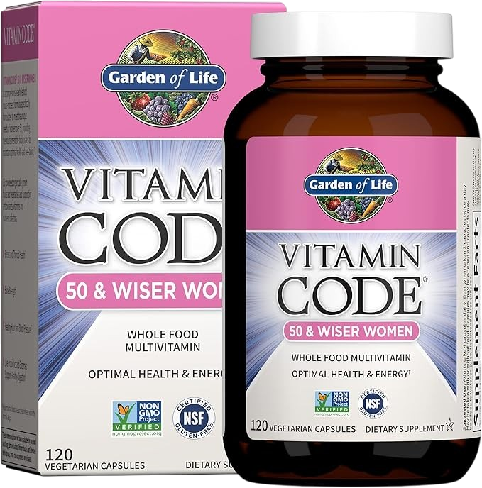Garden of Life Vitamin Code Raw Multivitamin for Women 50 Plus bottle & box on white background. 120 Count