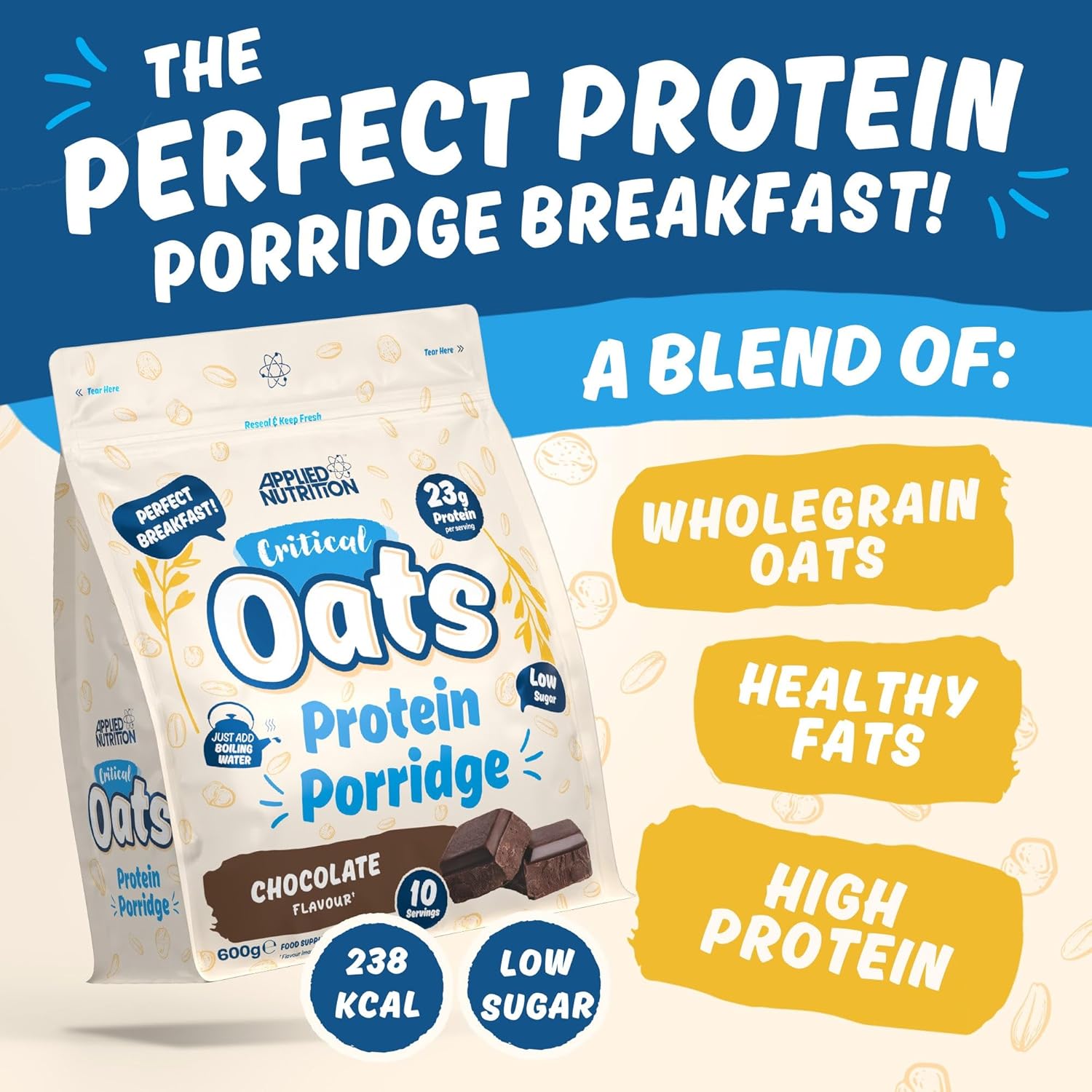 Applied Nutrition Critical Oats Chocolate Protein Porridge prepared in a bowl 600g