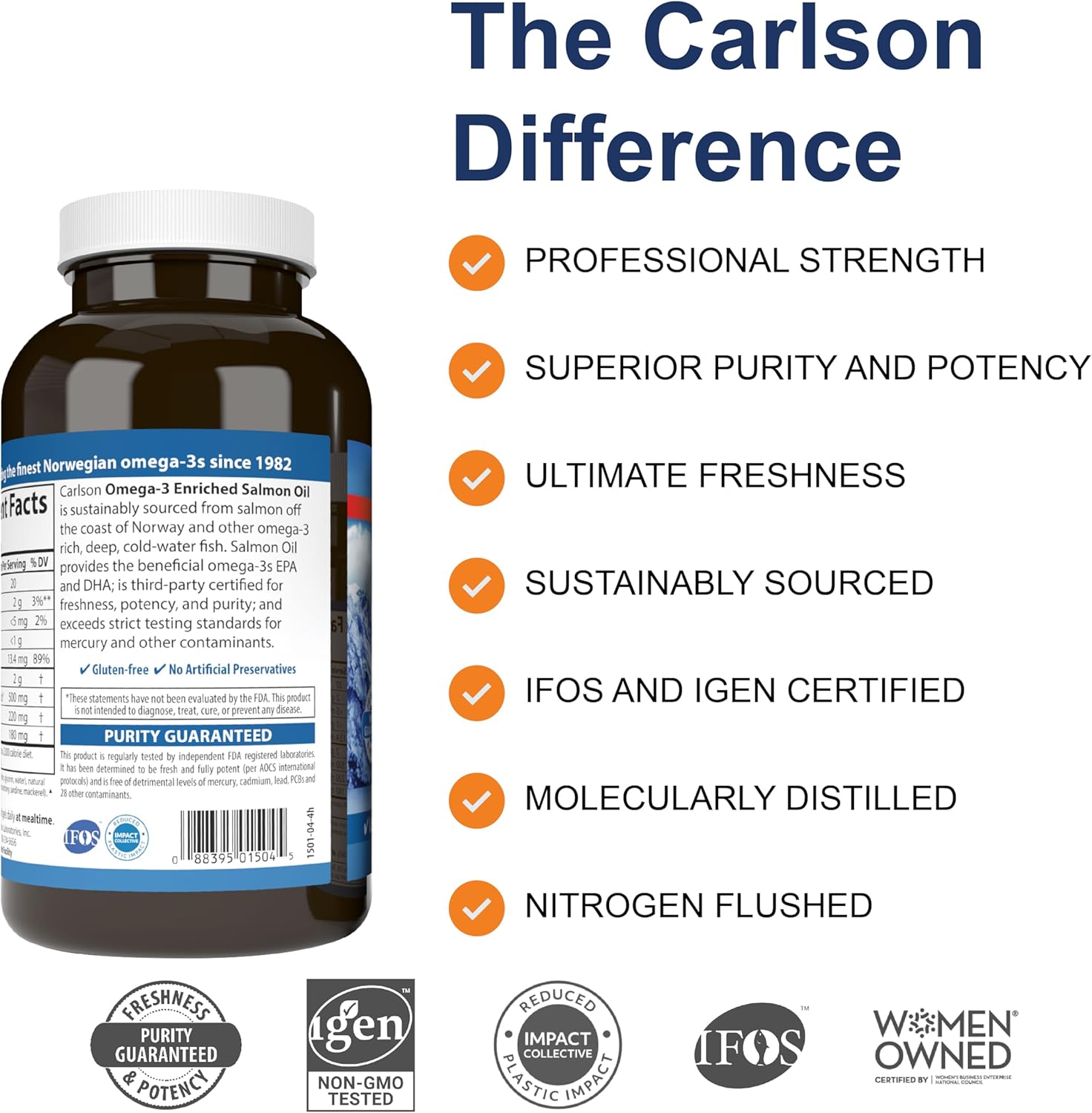 Barcode image: Carlson Salmon Oil omega 3 softgels barcode bottle 230 count