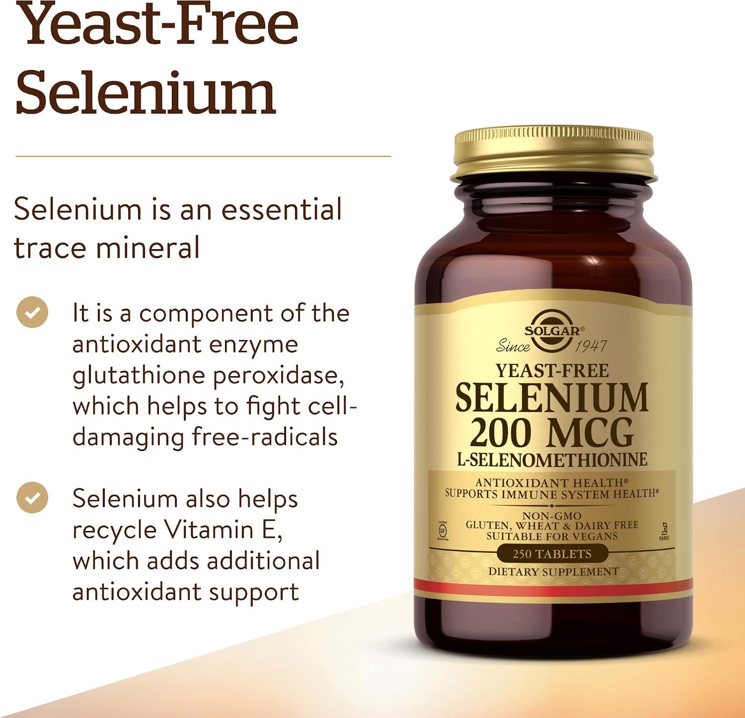 Solgar Yeast-Free Selenium 200mcg, dietary supplement tablet bottle packaging, no flavour, 250 tablets, daily supplement use