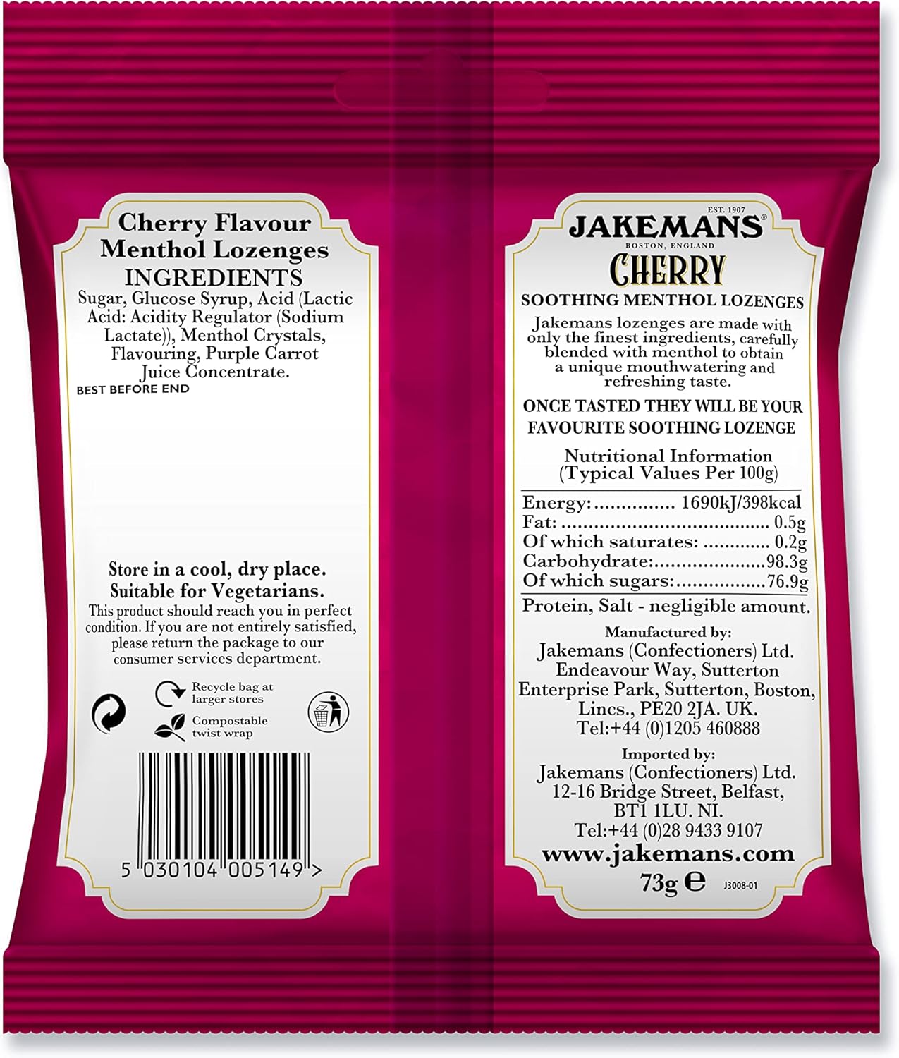 Jakemans Cherry Menthol Lozenges bag packaging cherry flavour 12 x 73g ingredients, barcode and product information panel