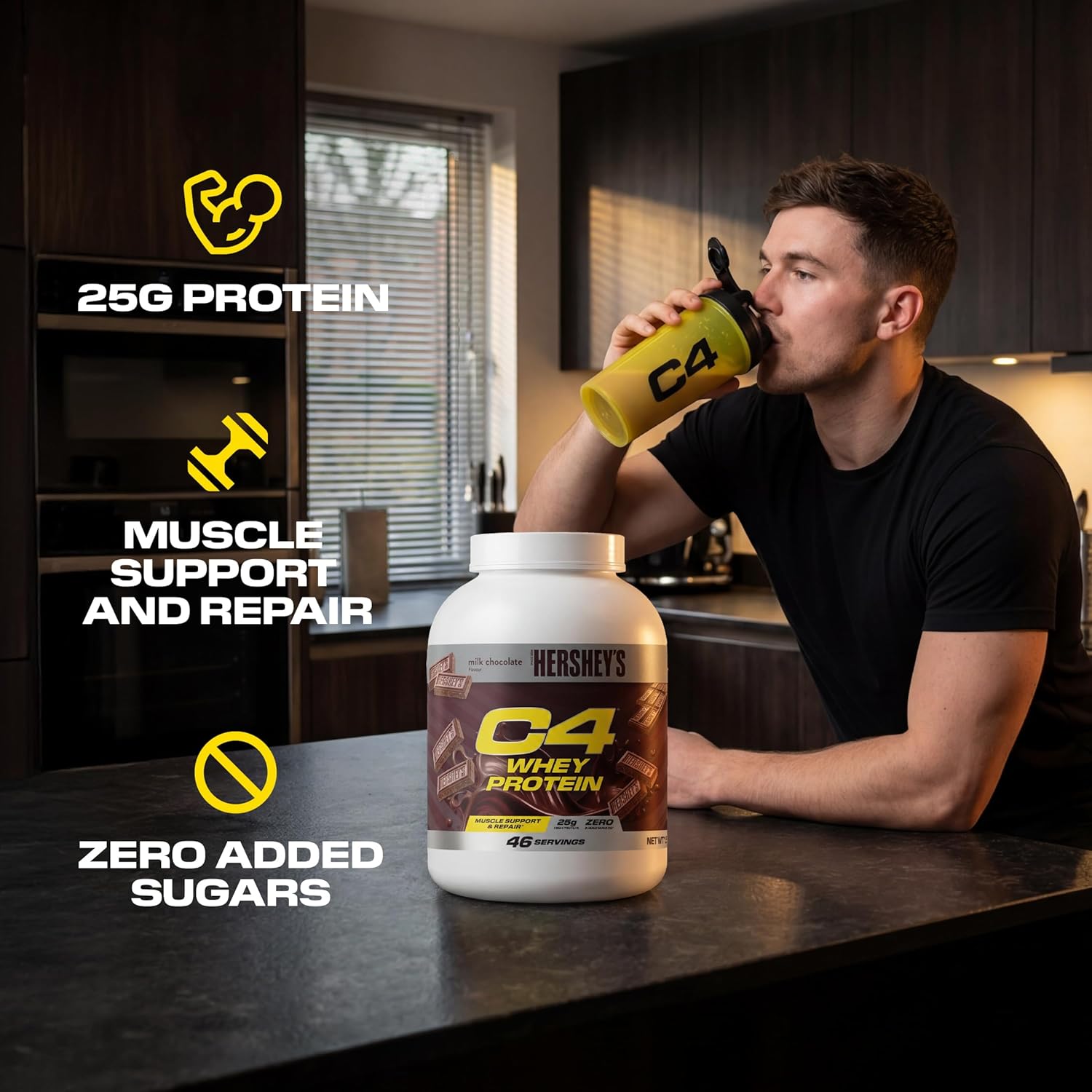 Lifestyle Image: Cellucor C4 whey protein shake chocolate routine 1.61kg