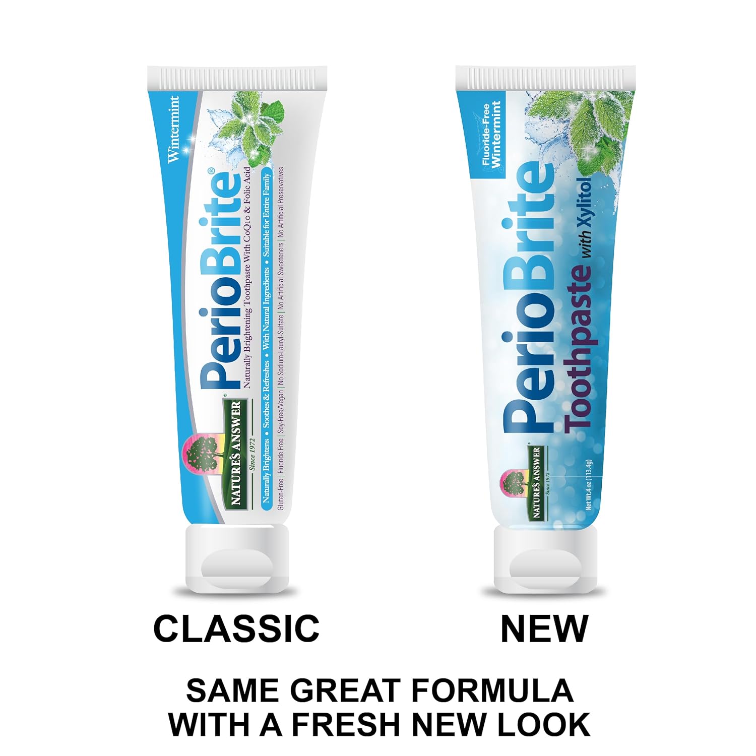 Nature’s Answer PerioBrite Whitening Toothpaste Wintermint 113.4g tube front view. Old & new look