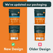 Nutrition Geeks Vitamin D3 + K2 4000IU, vegetarian food supplement tablet packaging, no flavour, 365 tablets old & new packaging