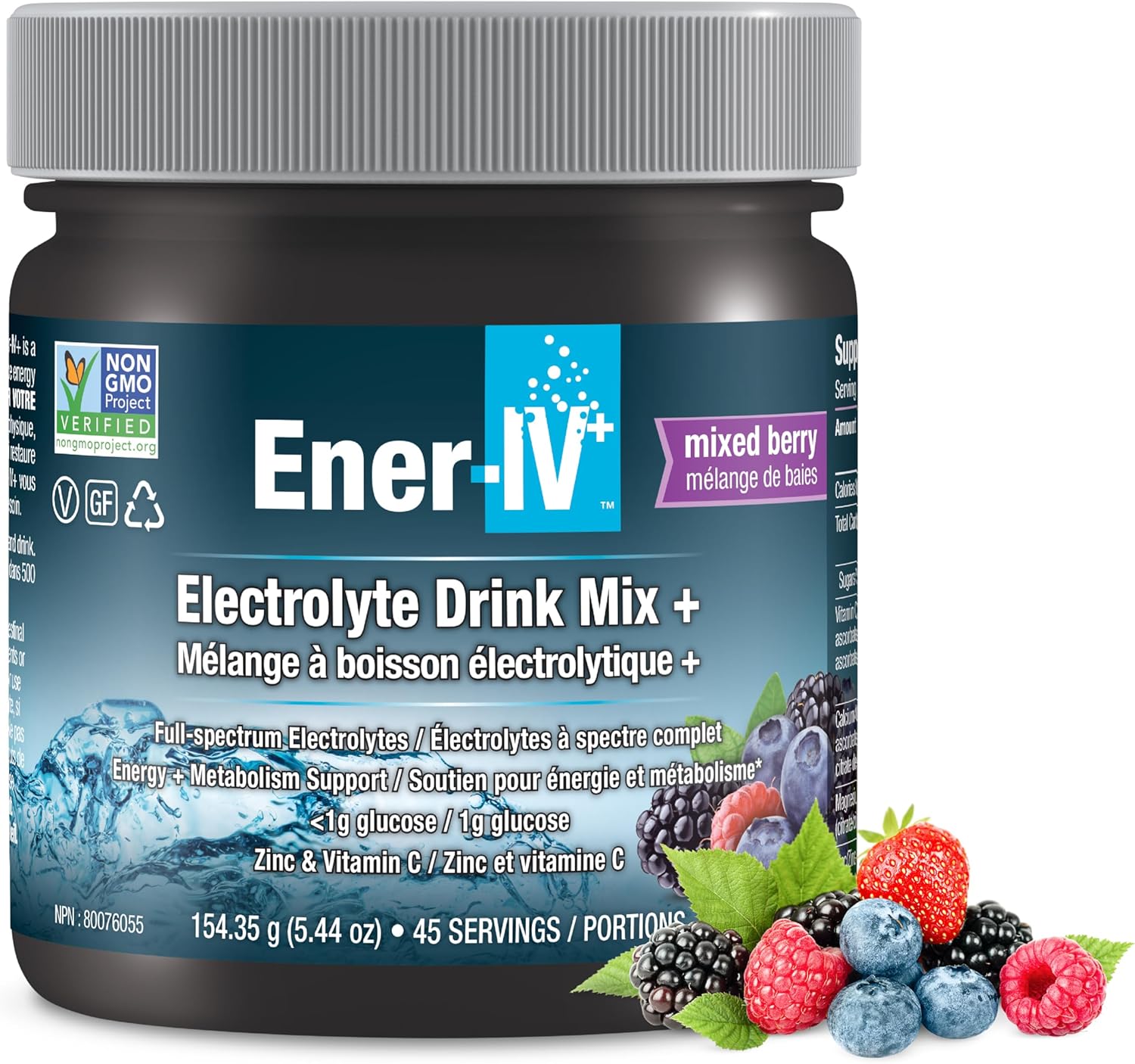 Ener-IV electrolyte drink mix powder mixed berry front pack 154.35g on white background