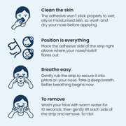  Instructions and safety information for Breathe Right Clear Nasal Strips.