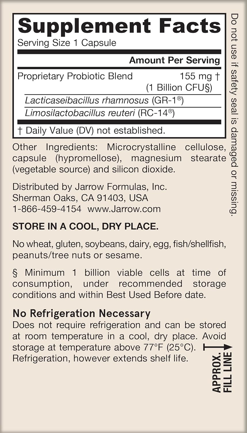 Supplement Facts Image: Jarrow Formulas Fem-Dophilus 5 billion CFU probiotic supplement facts and ingredients 60 count