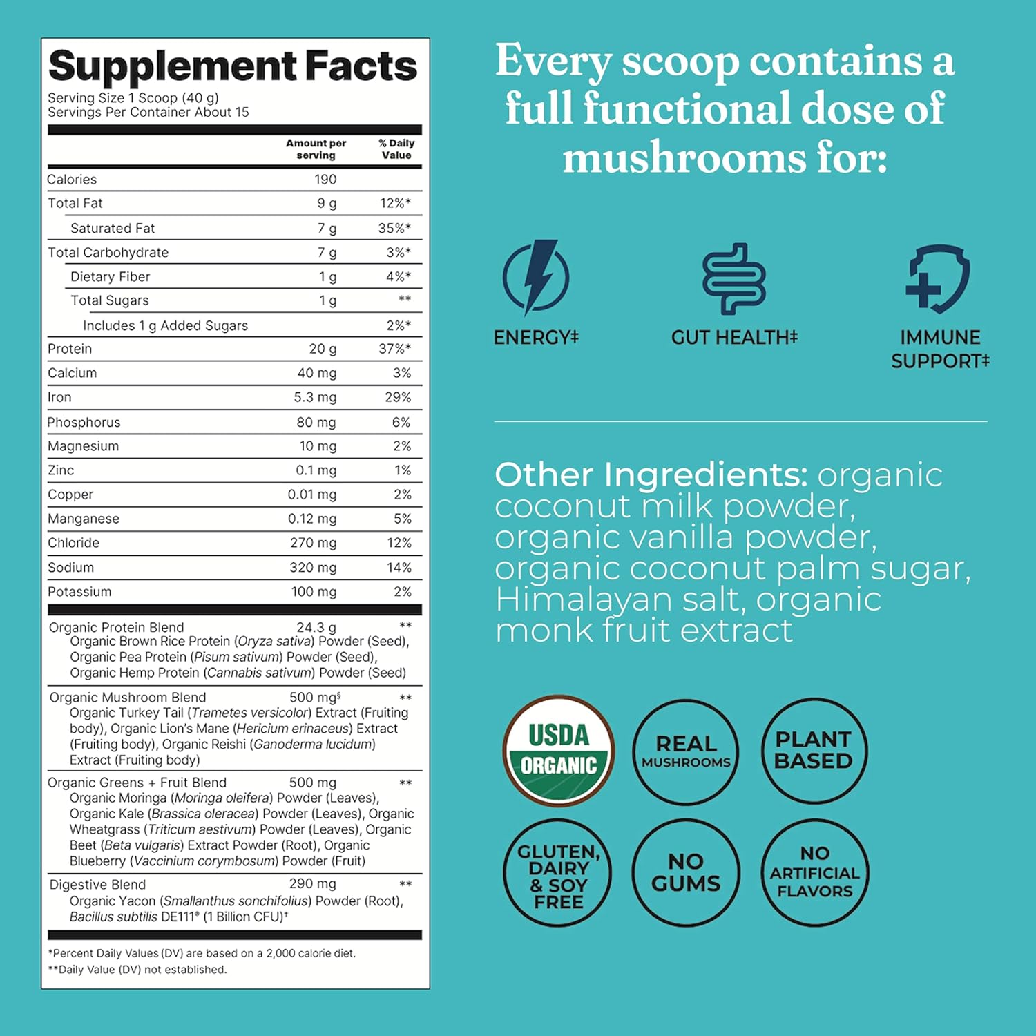 Nutritional information and ingredients for Four Sigmatic Vanilla Protein.