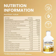 Nutrition information panel for a collagen supplement with a bottle on a beige background