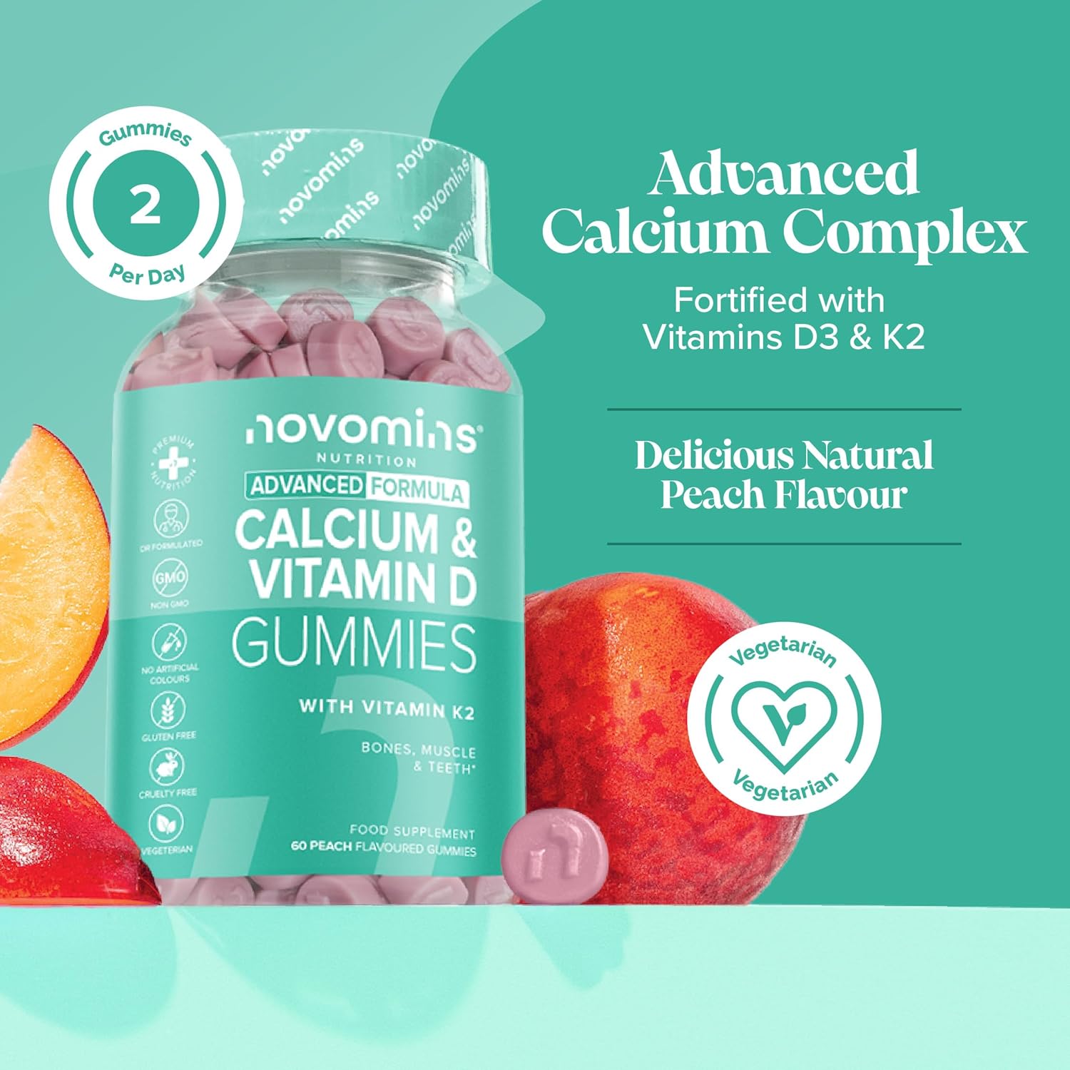 Novomins Calcium Vitamin D K2 Gummies Peach 60 Count natural peach flavour 2 per day gummies