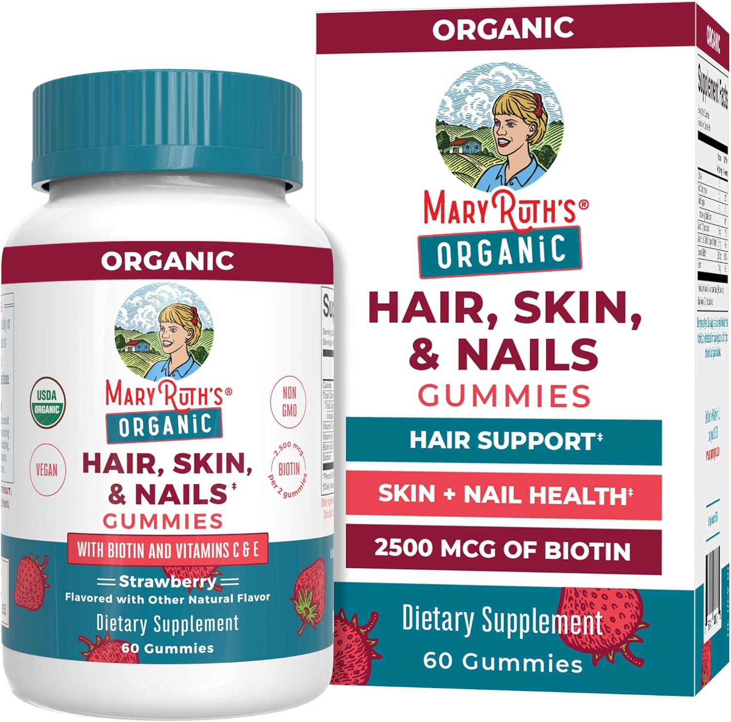 MaryRuth’s Hair Skin Nails vegan gummies bottle & box strawberry flavour 60 gummies quantity