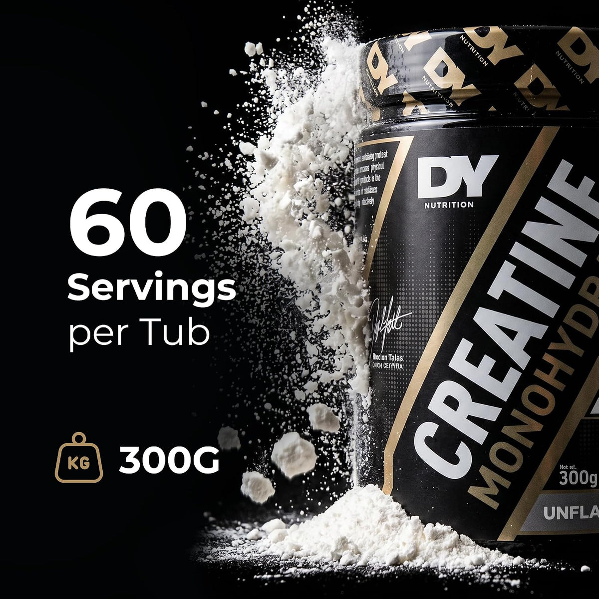 DY Nutrition Creatine Monohydrate Powder Unflavoured 300g tub showing product information