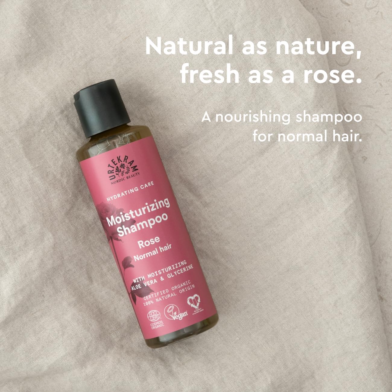 Urtekram Moisturising Rose Shampoo, shampoo bottle packaging, rose fragrance, 250ml, product information